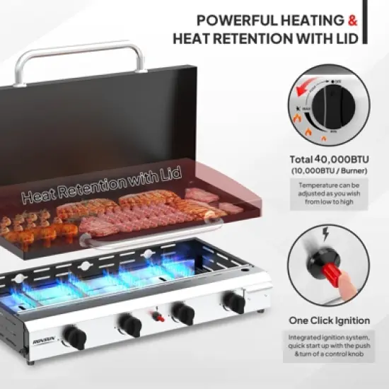 ROVSUN 2-4 Burner Propane Gas Griddle with Ignition and Regulator, 20000-40000BTU Potatble Grill for Backyard Patio Outdoor Cooking BBQ image {8}