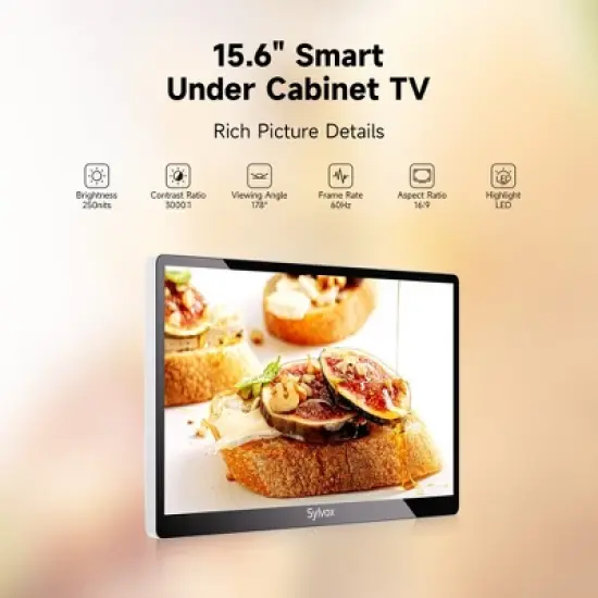 SYLVOX 15.6" Smart Kitchen TV, 1080P FHD Flip-Down Under Cabinet TV, Newest Google TV with App Store, Google Assistant, 12-Volt Smart TV for Kitchen image {2}