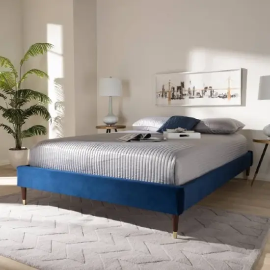 Full Volden Velvet Wood Platform Bed Frame Blue - Baxton Studio image {4}