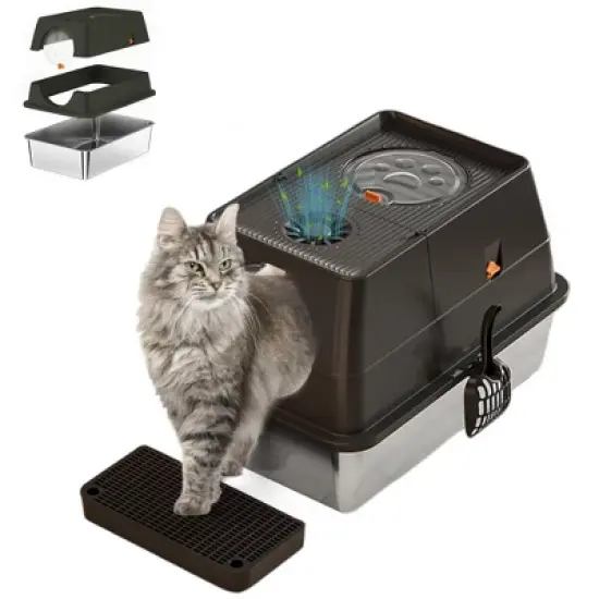 GustoWave Stainless Steel Cat Litter Box, Detachable PP Enclosure Litter Box with Lid, Extra Large Metal Enclosed Cat Litter Tray image {7}