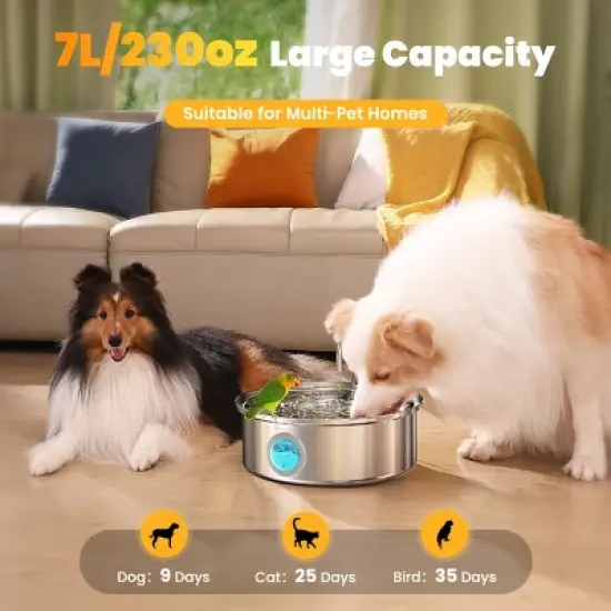 Oneisall PWF-002-B 7L Stainless Steel Pet Automatic Water Fountain - Quiet, Triple Filtration & Water Level (w/3 Filters) image {1}