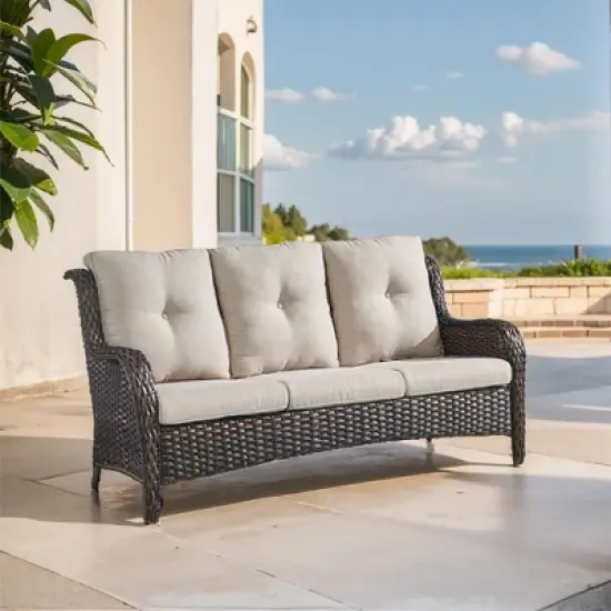 POCASSY 74" Wide Outdoor Wicker Patio Sofa with Cushions, All Weather Wicker Furniture Sofa 3 Seater Couch for Porch, Deck, Balcony image {1}