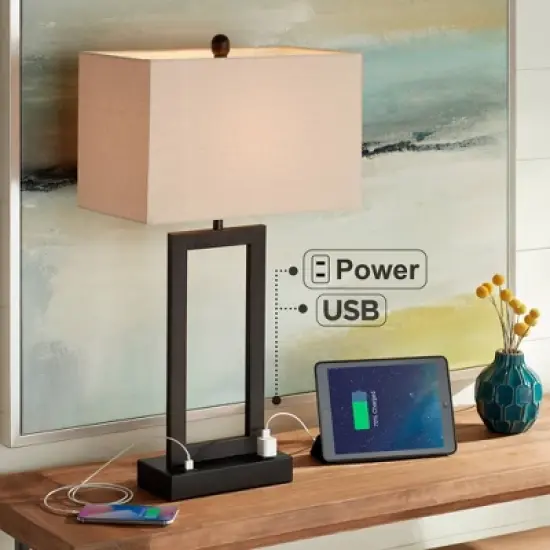 360 Lighting Todd Modern Table Lamp 30" Tall Bronze Rectangular with USB and AC Power Outlet in Base Oatmeal Fabric Shade for Living Room Office House image {1}