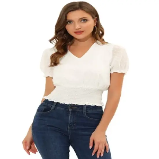 Allegra K Women's V Neck Short Puff Sleeve Swiss Dots Smocked Waist Summer Blouse image {7}