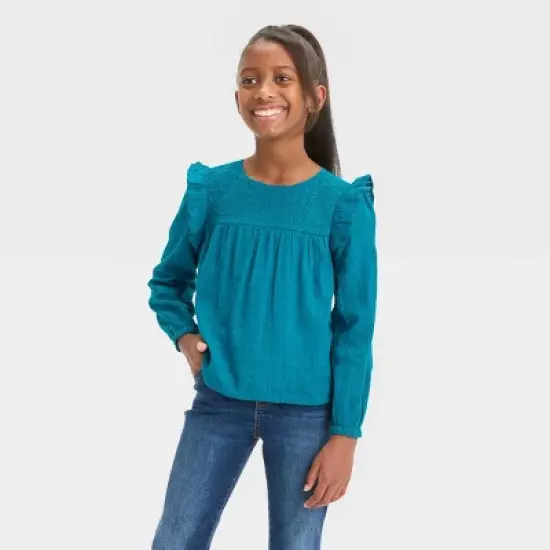Girls' Long Sleeve Woven Ruffle Shirt - Cat & Jack&trade; Teal Blue image {3}