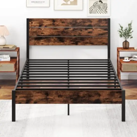 Costway Twin/Full/Queen/King Bed Frame with Tall Industrial Headboard Heavy-Duty Metal Slats Support Brown image {5}