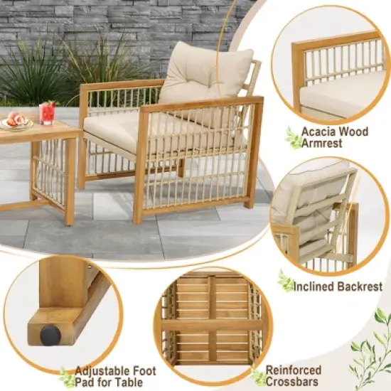 Costway 3PCS Patio PE Wicker Conversation Set Acacia Wood Frame withSeat & Back Cushions image {4}