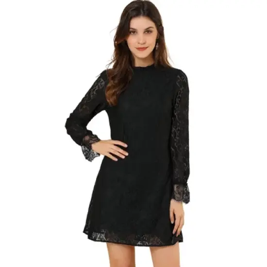 Allegra K Women's Ruffle Crew Neck Formal Elegant Mini Floral Lace Dress image {9}