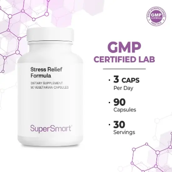 SuperSmart Stress Relief Formula (All-in-1) - 100% Natural - with Passion Flower, Polygala Tenuifolia | Non-GMO & Gluten Free - 90 Vegetarian Capsules image {4}
