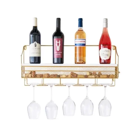 Twine Gold Wall Mounted Wine Rack, Holds 8 Standard Wine Bottles, Wood and Cast Iron, Cork Storage, Holds 5 Wine Glasses, Gold Finish image {3}
