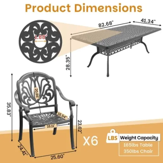 7-Piece Cast Aluminum Outdoor Dining Set with Brown Cushions, Rectangle Table & Stackable Chairs - for Patio, Backyard image {3}