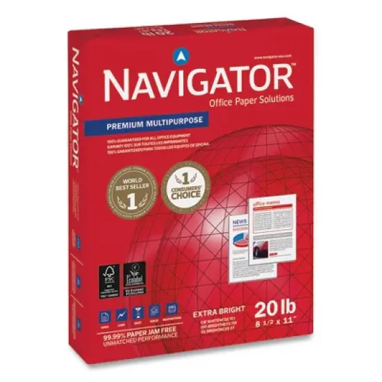 Navigator Premium Multipurpose Copy Paper, 97 Bright, 20 lb Bond Weight, 8.5 x 11, White, 500 Sheets/Ream, 5 Reams/Carton image {1}