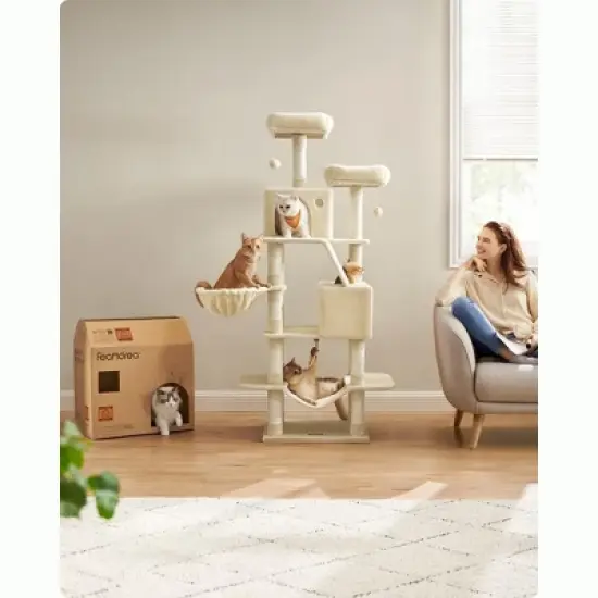 Feandrea 66.1/81.1"H Cat Tree Cat Tower for Indoor Cats, Plush Multi-Level Cat Condo with Scratching Posts, Perches, Caves, Hammock image {1}