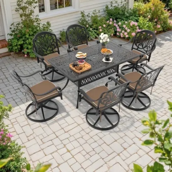 7-Piece Rectangle Cast Aluminum Outdoor Patio Dining Set with Swivel Chairs & Brown Cushions & Umbrella Hole image {3}