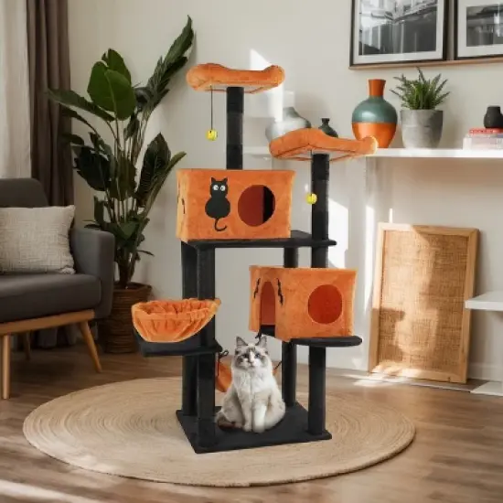 FURNIinspire Pet Tower Halloween Tall Cat Tree Cute Large Cat Tower Stand Multi-Level Cat Activities Furniture Indoor, Orange, 23.23"*17.27"*60.45" image {3}