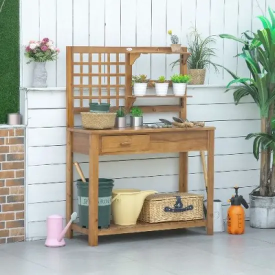 PAGED Wooden Outdoor Potting Bench Table with Removable Sink, Garden Potting Table for Outdoors with Chalkboard, Drawer, Open Shelf Storage image {9}