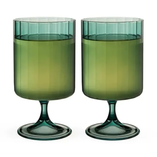 Twine Malachite Stemmed Optic Goblet Tumblers, Vintage Ribbed Drinking Glasses for Cocktails, Wine, Juice, Iced Coffee, 12 oz, Set of 2, Green image {6}