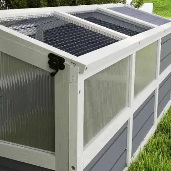 PawHut Tortoise Habitat Bottomless Design, Wooden Tortoise House Outdoor with Doors, PC Sun Panel Windows, for Small Animals, Rabbits, Light Gray image {4}