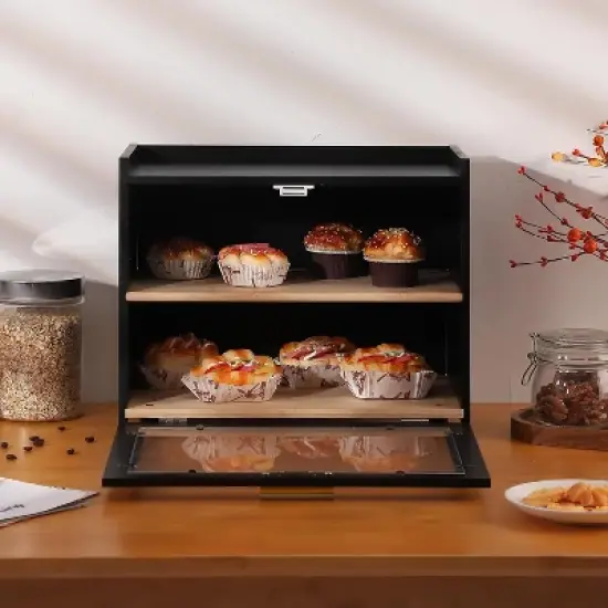 Acekool 2-Layer Bread Box, Modern Countertop Bread Storage with Fence Top, Transparent Door, Corner Bread Keeper, Black image {6}
