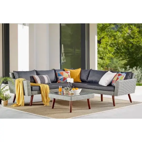 All-Weather Wicker Albany Outdoor Corner Sectional Sofa Gray - Alaterre Furniture image {1}