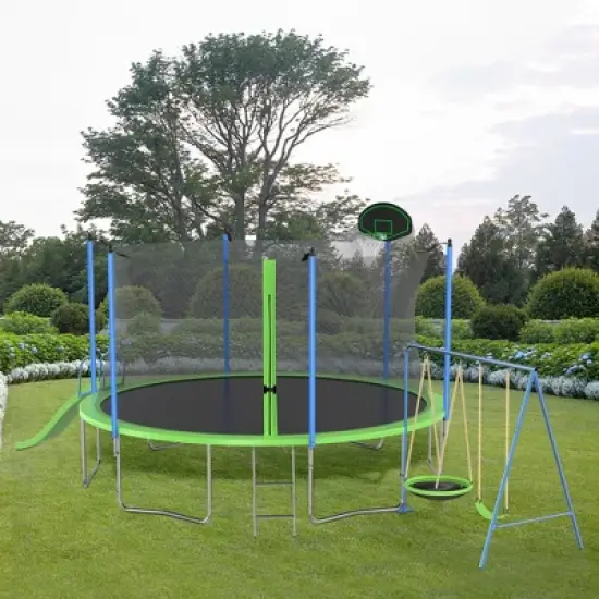 QingMoon 12FT Trampoline With Backboard,Swing,Basketball Hoop,Ladder And Slide For Courtyard Amusement Park, Green Capacity for Kids and Adults image {7}