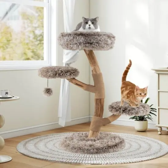 Costway Modern Cat Tree with Pear Wood Trunks Scratching Posts Soft Long Plush Fabric image {1}