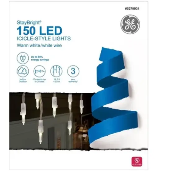 GE StayBright 150-Count LED Constant Warm White Icicle Lights with White Wire image {2}