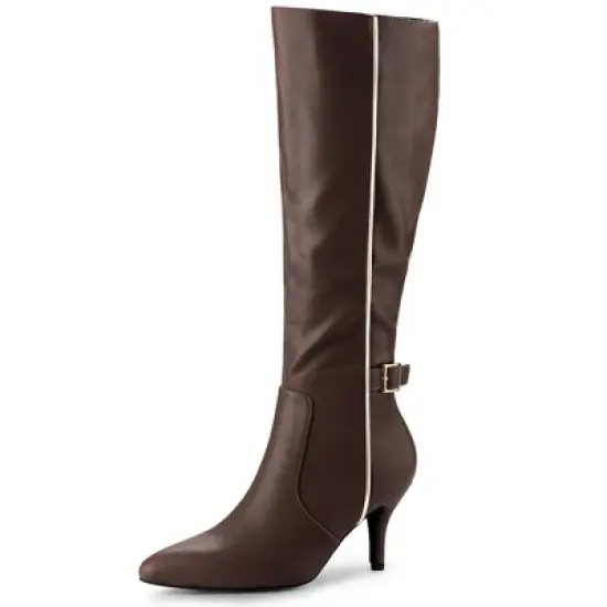 Allegra K Women's Pointy Toe Buckle Decor Side Zip Stiletto Heel Knee High Boots image {8}