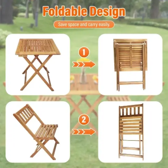 BestMassage 3-Pieces Acacia Wood Folding Bistro Set Outdoor Dining Set, Natural image {3}