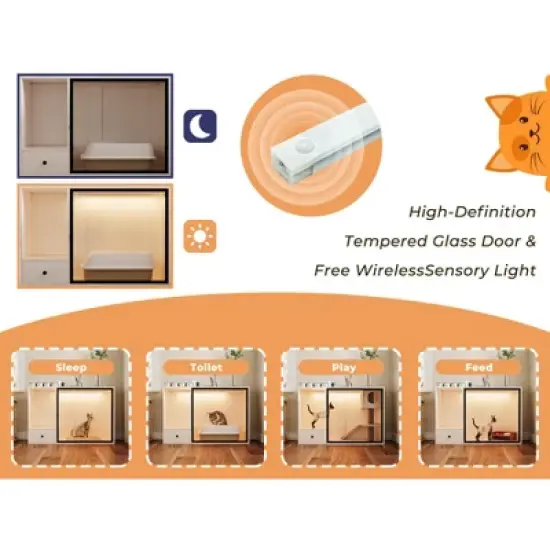 ATJafurn 37.4 " Hidden Cat Litter Box Cabinet with Magnetic Light Strip and Drawer, Modern Furniture Style Kitty Cat Cabinet for Apartment image {12}