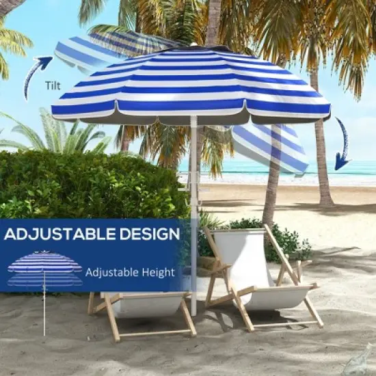 DOMETOUR 5.7' Portable Beach Umbrella with Tilt, Adjustable Height, 2 Cup Holders & Hooks, with Vented Canopy, Blue White Stripe image {2}