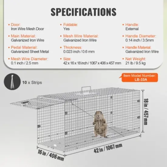 VEVOR Live Animal Cage Trap, 42" x 16" x 18" Humane Cat Trap Galvanized Iron, Folding Animal Trap with Handle for Stray Dogs, Armadillos, Raccoons image {7}
