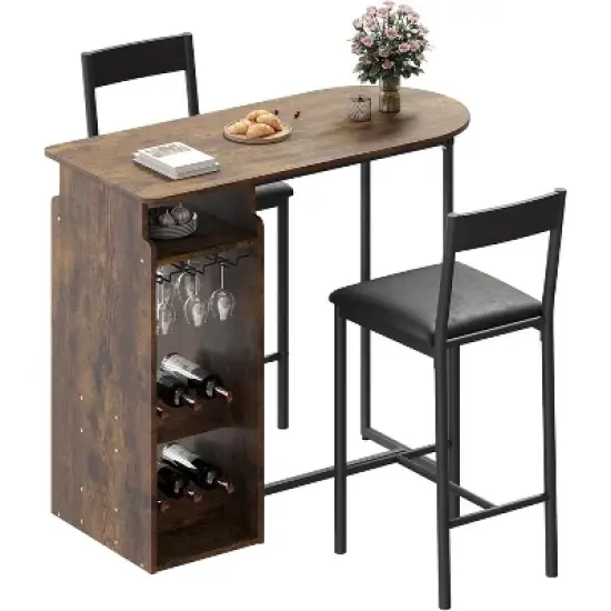 Bar Table and Chairs Set for 2, Bar Table and 2 Chairs Set with Triple-Tier Wine Rack and Glass Holder image {6}