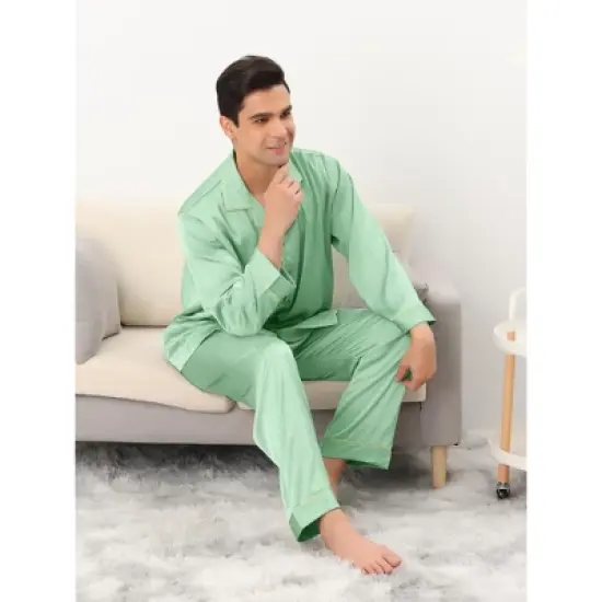 Lars Amadeus Men's Long Sleeves Button Down Satin Pajamas Set image {2}