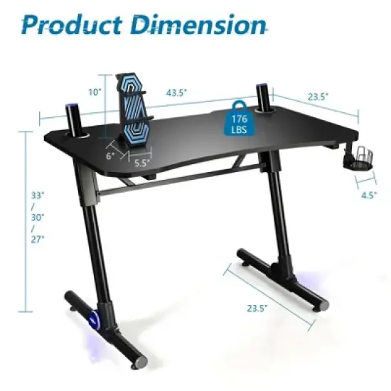 Costway Gaming Computer Desk Height Adjustable w/ LED Light & Gaming Handle Rack image {1}
