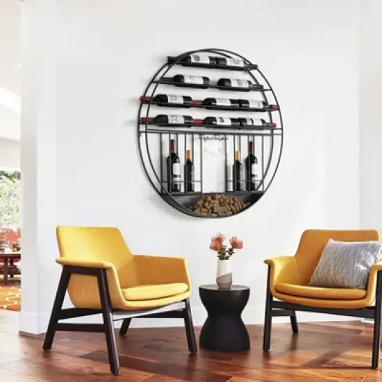 Vintiquewise Vintage Decorative Modern Black Metal Round Wall Mounted Wine Display Rack image {1}