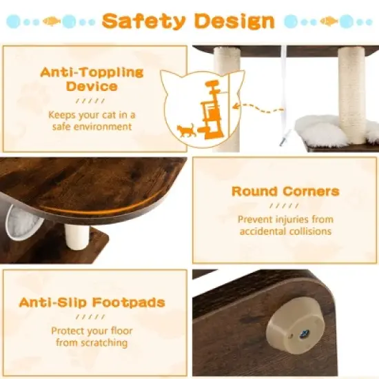 Costway Wooden Cat Tree 71'' 7-Layer Cat Tower with Sisal Scratching Posts Perch & Cushions Brown/Natural image {8}