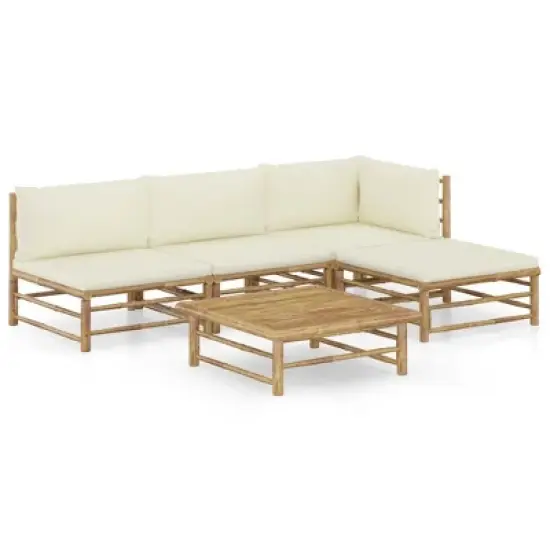vidaXL 5 Piece Bamboo Patio Lounge Set with Cream White Cushions - Versatile Outdoor Furniture with Comfortable Cushions, Lightweight & Easy-to-Clean image {1}