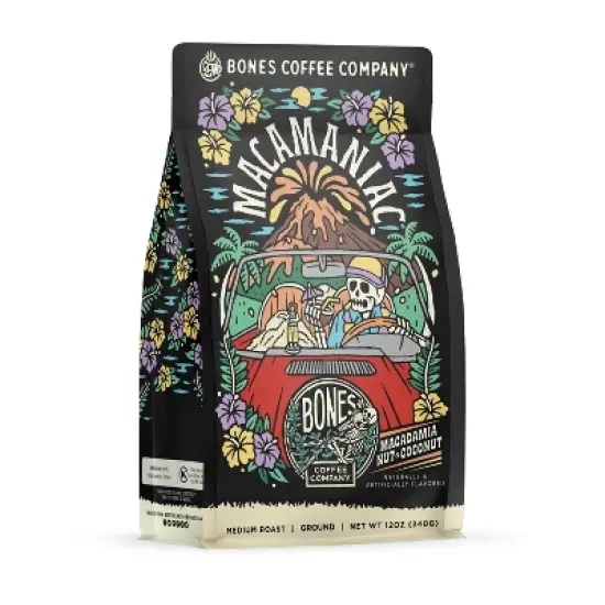 Bones Coffee Company Macamaniac Ground Coffee Beans Macadamia & Coconut Flavor 12 oz Medium Roast (Ground) image {3}