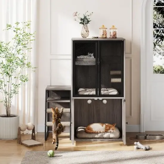 Cat Litter Box Enclosure, Double Cat House with Storage, Enclosed Litter Box Furniture with Ladder image {9}