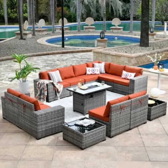 Marlton 13pc Wicker Outdoor Patio Furniture Set Conversation Sofa Set with a Rectangle Fire Pit and Cushions image {19}