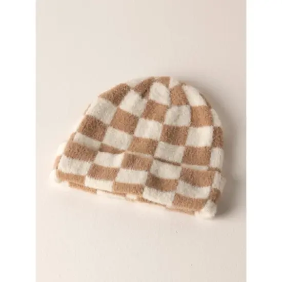 Shiraleah Tan and White Check Tanner Beanie image {2}