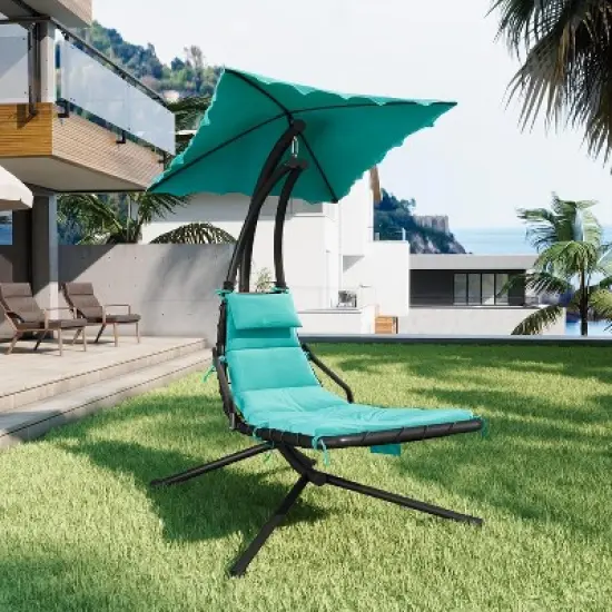 Hanging Chaise Lounge Chair, Ergonomic Outdoor Swing with Canopy & Cushion, Patio Garden Poolside, Dream Hammock + Mat image {8}