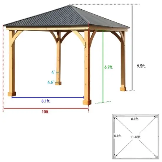 Aoodor Patio Solid Wooden Gazebo 10 x 10 ft. Hardtop Roof for Garden image {5}