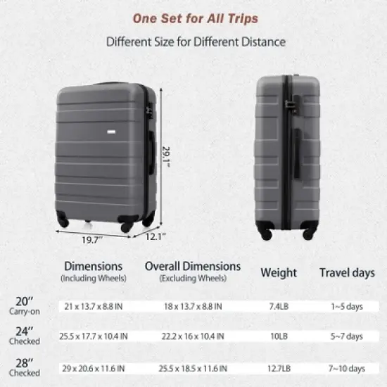 Kumasinova 3 Pcs ABS Luggage Set,Hardshell Spinner Suitcase with TSA Lock,Lightweight Travel Suitcases,Airline-Approved,20/24/28",Gray image {2}