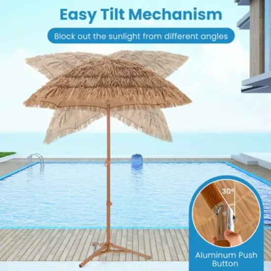 Tangkula 6.5Ft Tiki Beach Umbrella with Base Hawaiian Style PP Grass with Tilt Adjustment 8 Ribs Thatched with Carry Bag for Garden & Pool Natural image {4}