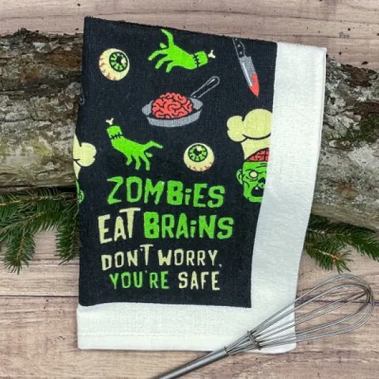 Zombies Eat Brains Dont Worry Youre Safe Funny Undead Tea Towel - Crazy Dog Tea Towel For Halloween Season Zombies Eat image {1}