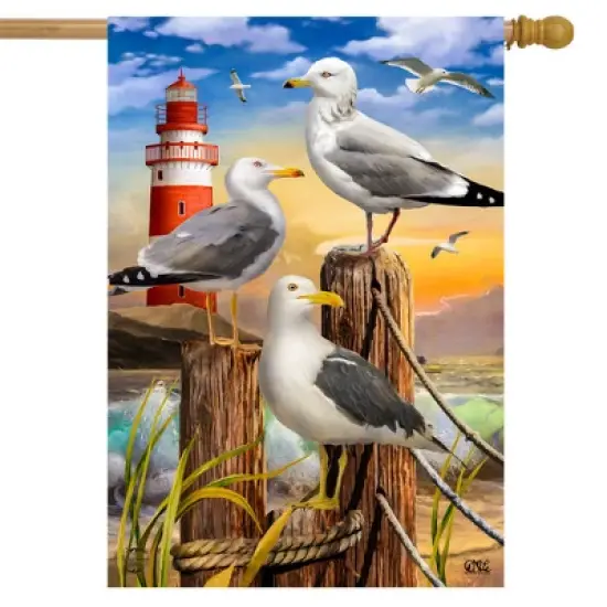 Seagulls Summer House Flag Birds Beach Lighthouse 28" x 40" Briarwood Lane image {1}