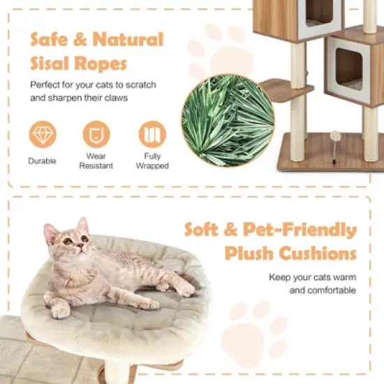 Costway 64.5'' Multi-layer Wooden Cat Tree Indoor Tower Activity Play Center Cat House image {5}
