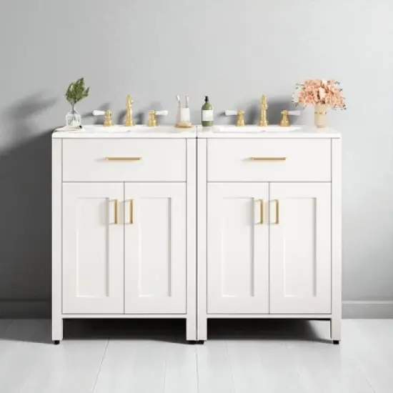48" Freestanding Double Bathroom Vanity with Dual Ceramic Sinks, Solid Wood Cabinet with 4 Soft-Close Doors, No Faucet image {14}